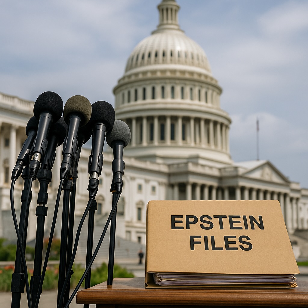 Capitol with microphones and a folder labeled Epstein Files