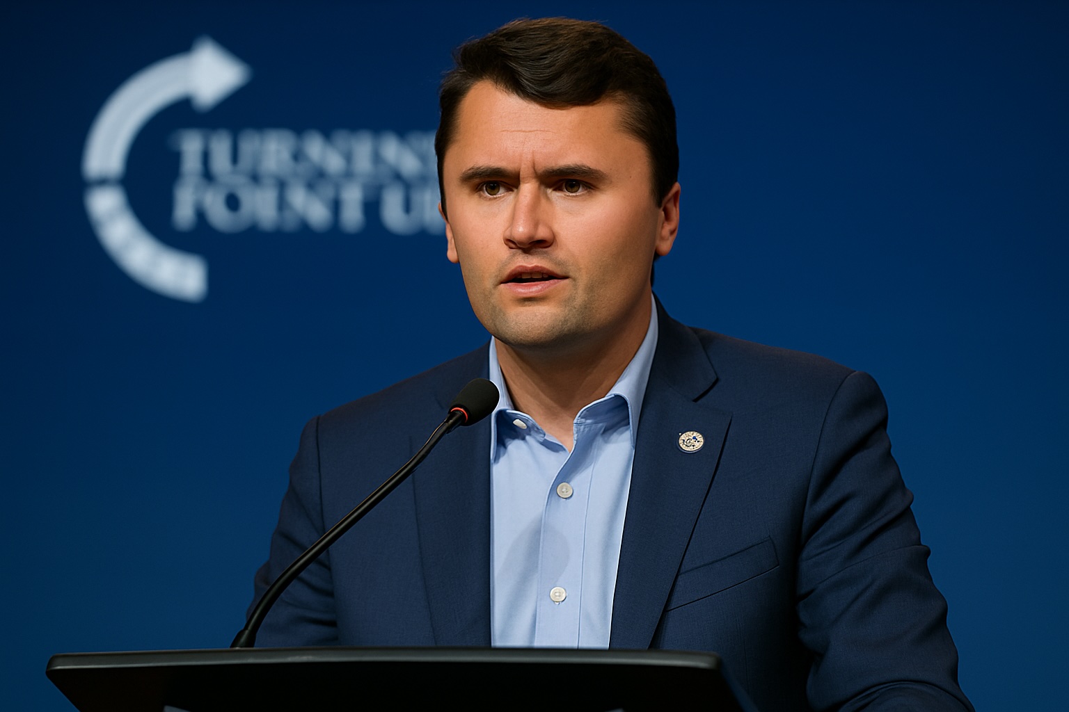 AI-generated neutral companion image — campus auditorium with law enforcement outside